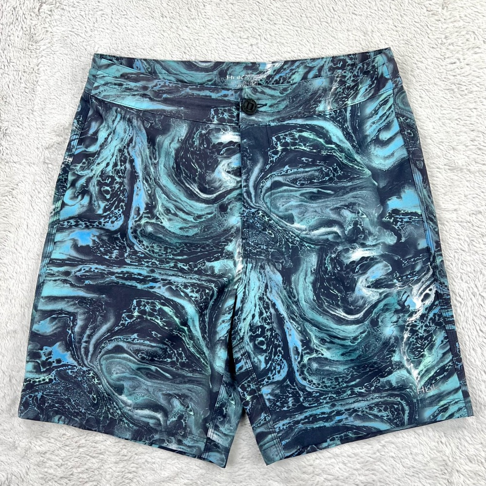 Huk Performance Shorts Men's 32 Blue Green Marble Print Quick Dry Lined‎ Fishing